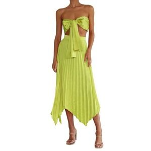 NEW NOWT Women's Lime Green 2 Piece Outfit Set Pleated Skirt And Halter Wrap Top